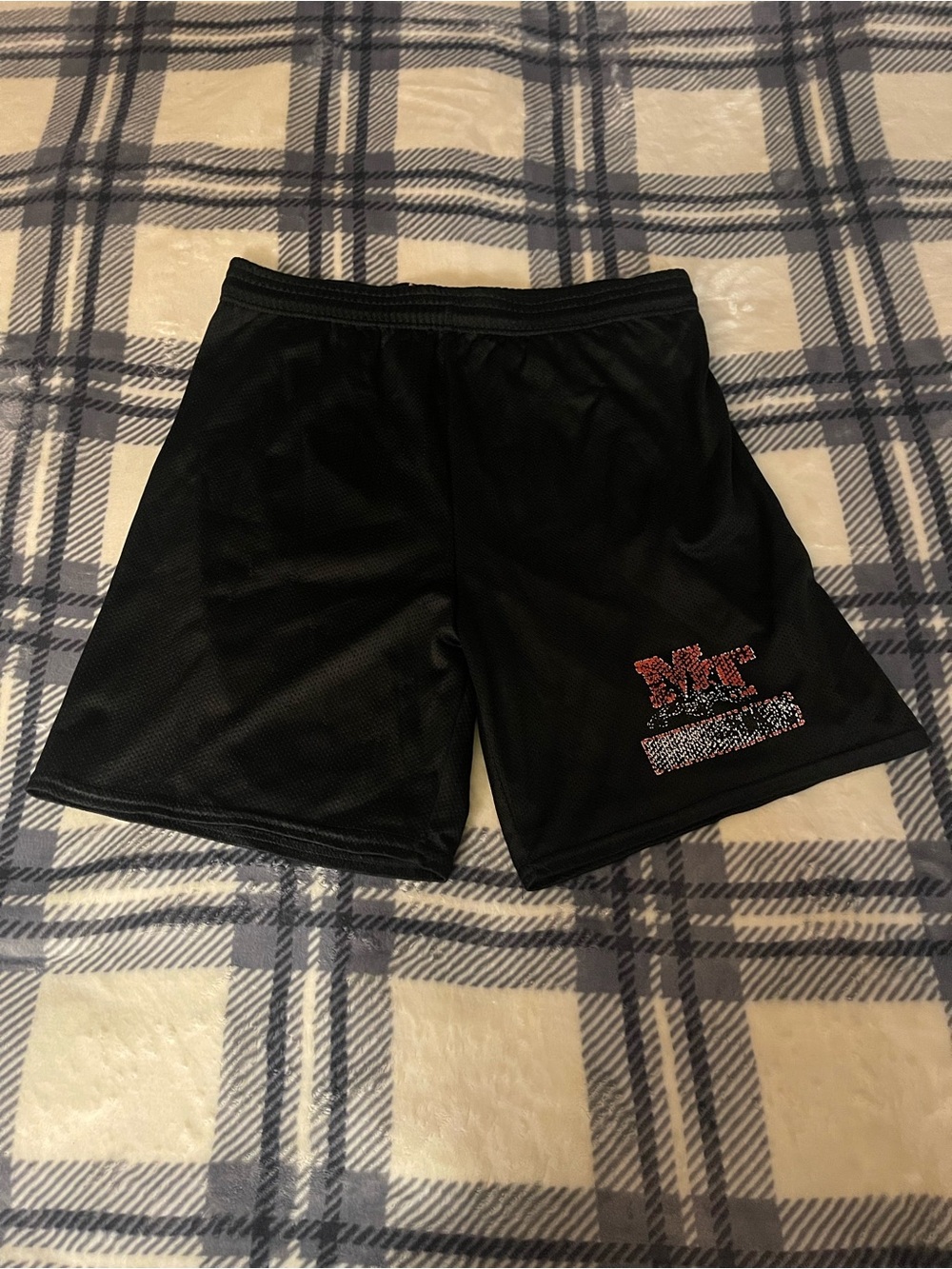 Black Athletic Mesh Shorts with Print and Drawstring